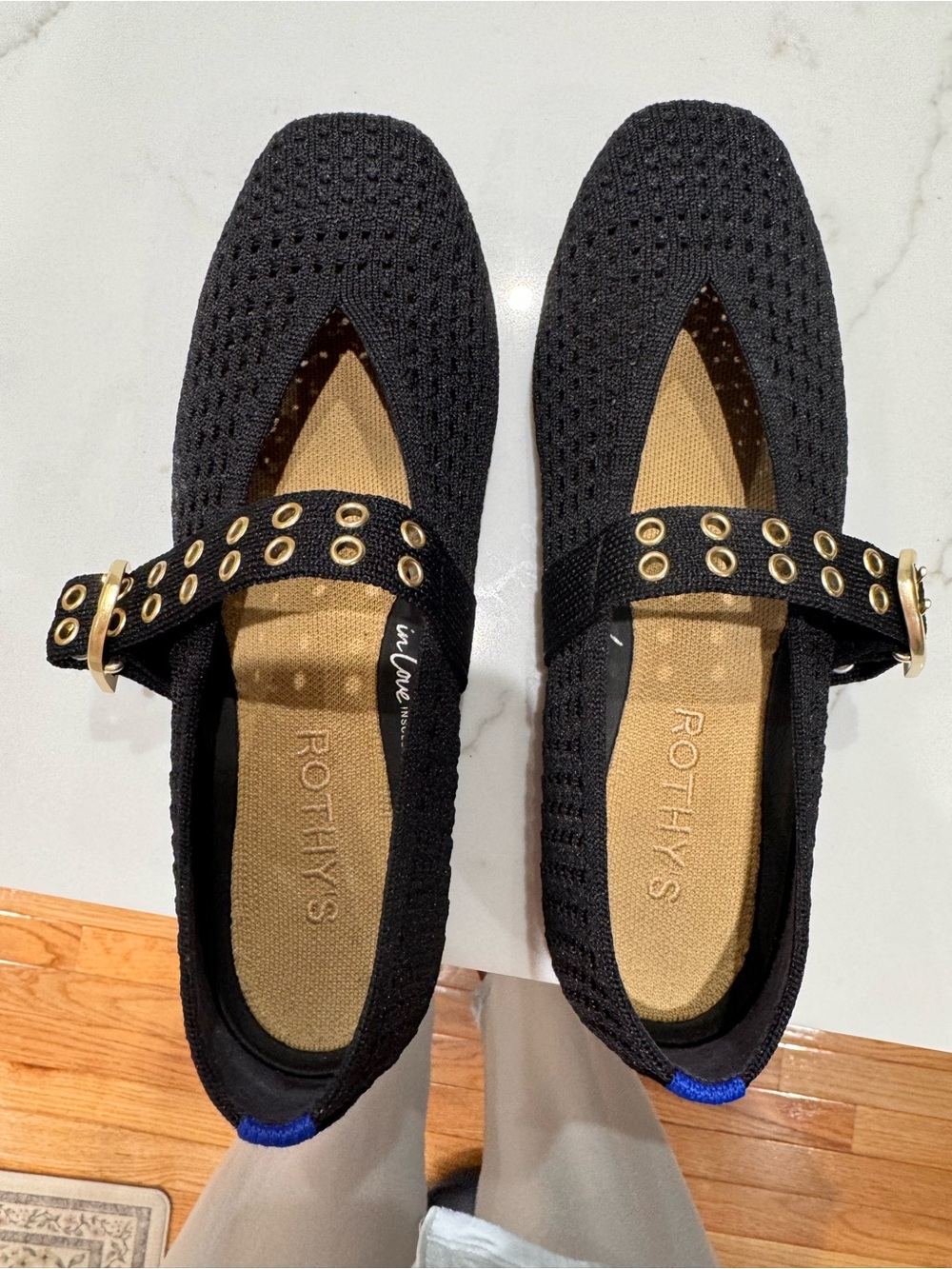 Rothy's Black Knit Mary Jane Flats with Gold Eyelet Strap
